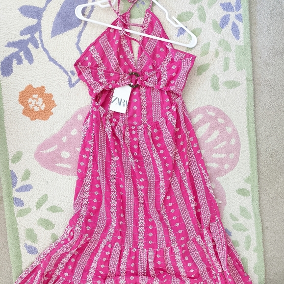 ZARA OPENWORK EMBROIDERED EYELET MIDI HALTER DRESS PINK XS,S,M,L NWT - Picture 11 of 13